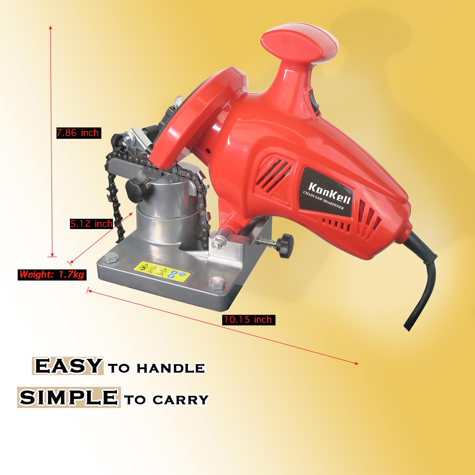 Konkell sharpener delivers 8400 RPM for high-speed chain grinding.