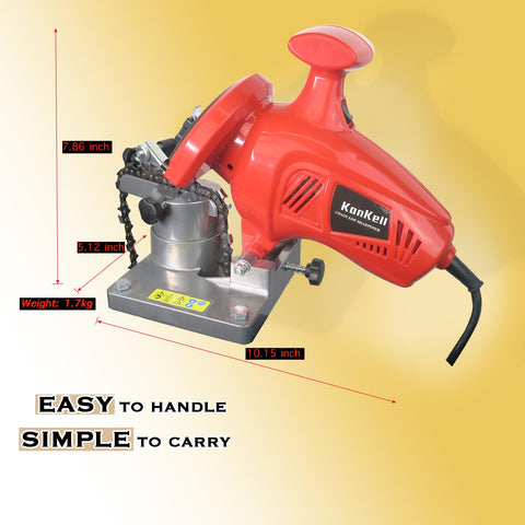 Konkell sharpener delivers 8400 RPM for high-speed chain grinding.