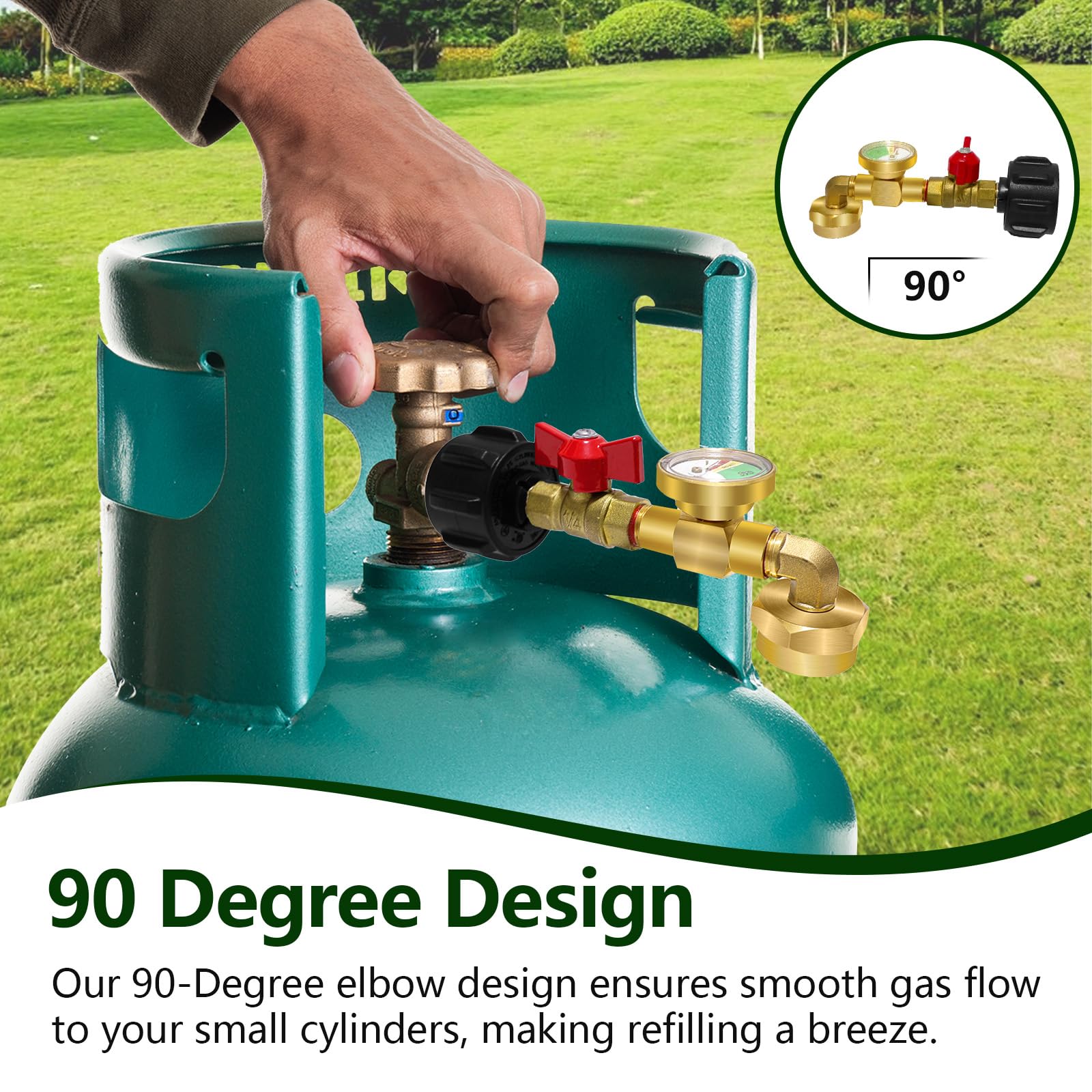 Konros 90-degree elbow with gauge improves visibility during refilling in dim lighting.