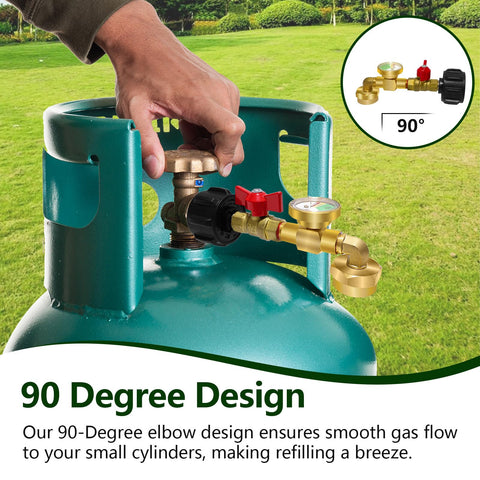 Konros 90-degree elbow with gauge improves visibility during refilling in dim lighting.