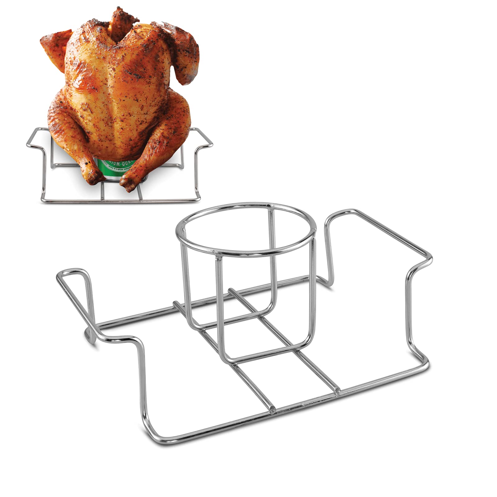 Koohere beer-can-chicken holder on grill showing secure can support