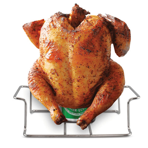 Koohere bottom crossbar secures beer can for stable vertical cooking