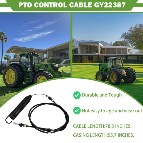 KOONDHEEND PTO control cable compatible with multiple John Deere models.