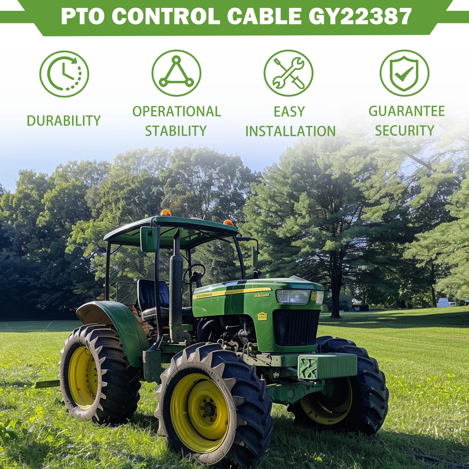 KOONDHEEND PTO control cable with nylon sleeve detail for John Deere tractors.