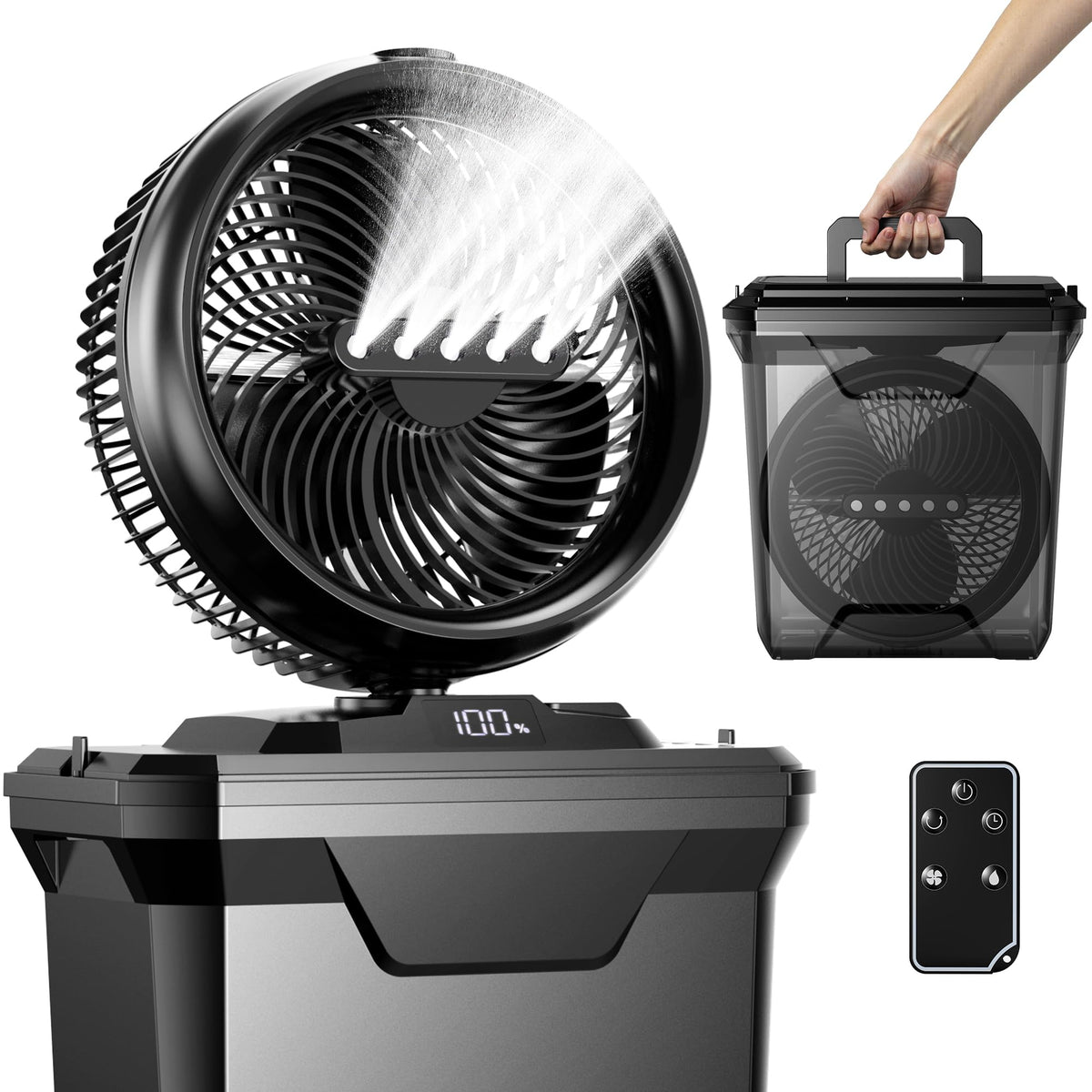 Koonie camping misting fan front view showing outdoor cooling setup