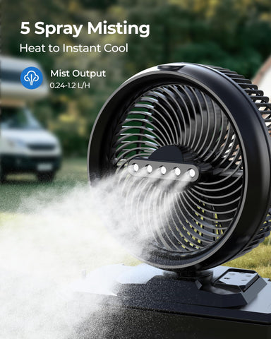 Koonie camping misting fan side view highlighting portable design for travel