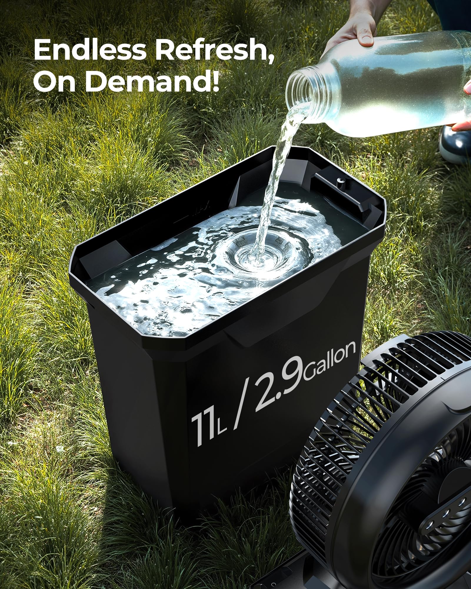 Koonie misting fan water tank 11L emphasizing extended cooling sessions