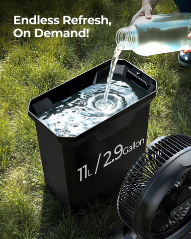Koonie misting fan water tank 11L emphasizing extended cooling sessions
