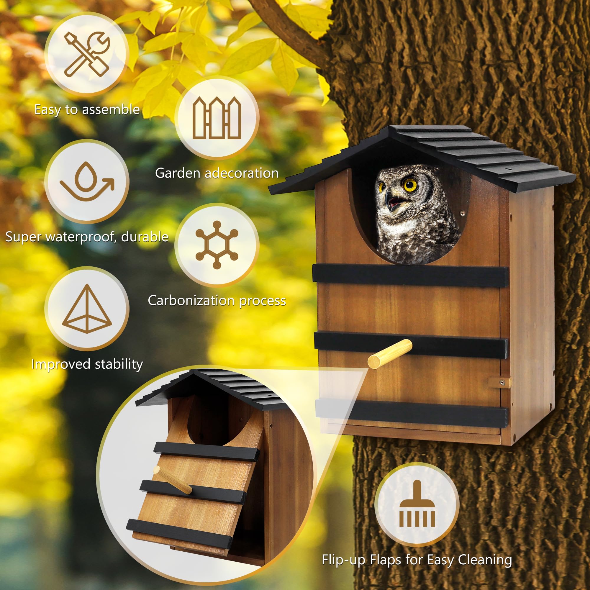 KOOPRO owl nesting box close-up; 6-inch entry to attract screech owls