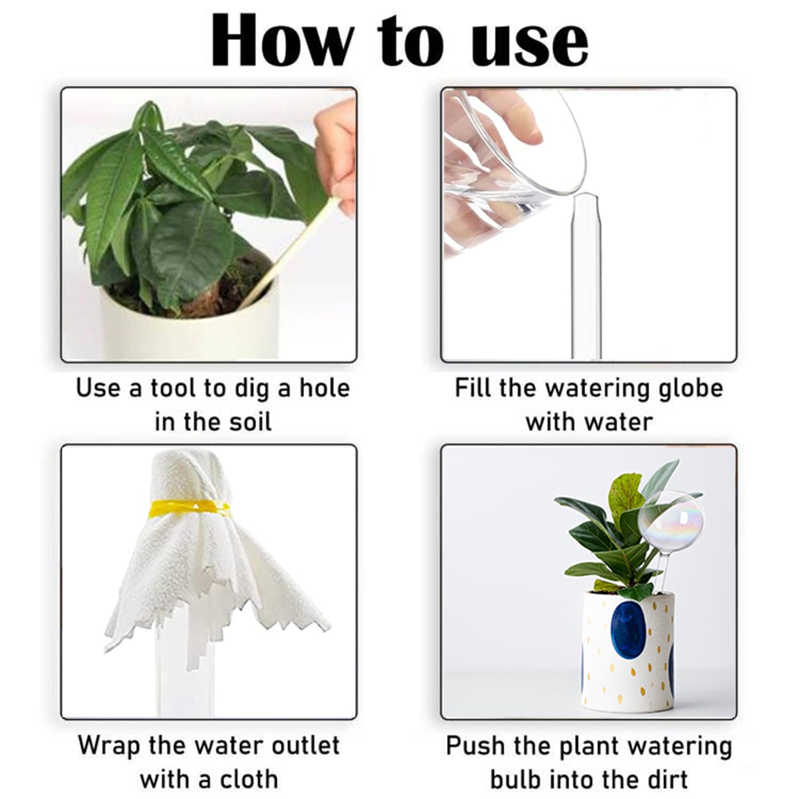 Koorabbee glass plant watering bulbs for indoor and outdoor use and various plants.