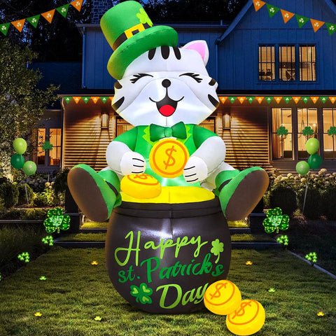 KOOY 4FT inflatable cat with leprechaun hat on gold pot, ideal yard display.