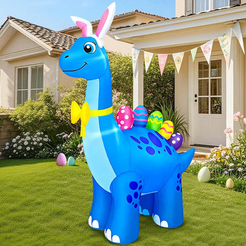 Kooy 5ft Easter dinosaur with bunny ears for festive lawn decor.