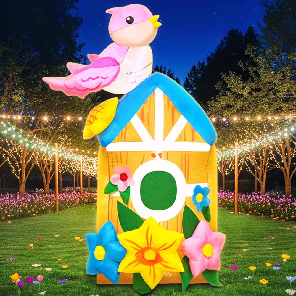 KOOY 5ft spring inflatable bird house with LED lights for yard illumination.