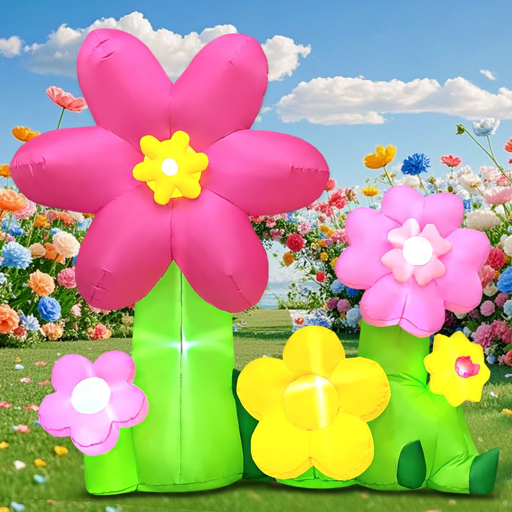 KOOY 6ft spring Easter inflatable flowers brighten the yard with festive curb appeal.