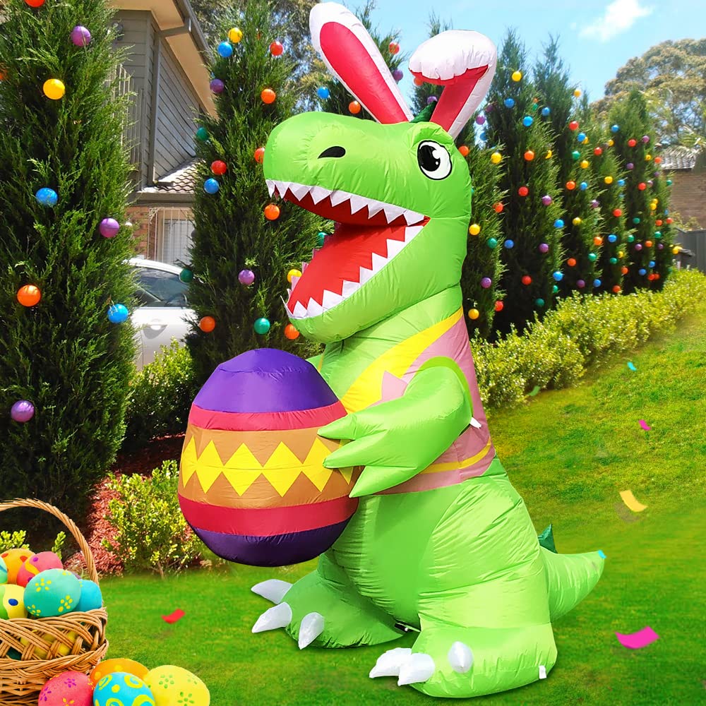 Kooy 8ft Easter dinosaur with egg inflates for festive lawn decor.
