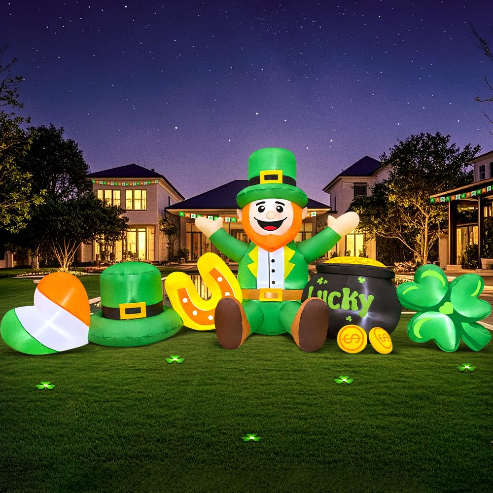 KOOY 8ft St Patrick's Day inflatable leprechaun in yard for festive display