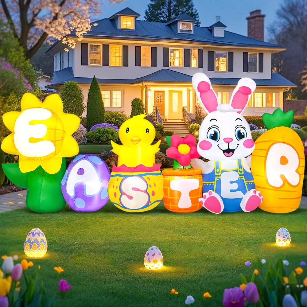 KOOY Easter bunny inflatable with LEDs lighting the yard at night