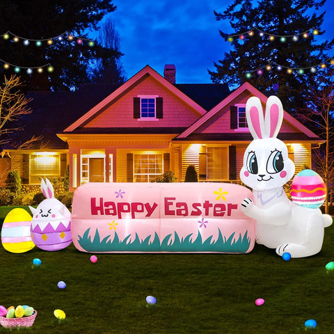 Kooy 8ft Easter inflatable bunny banner with LED lights for outdoor display