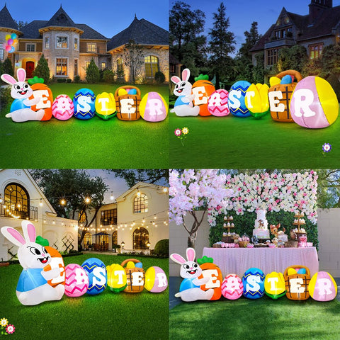 KOOY 10ft inflatable bunny decor illuminated for festive nighttime curb appeal.