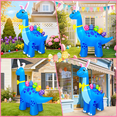 Kooy Easter inflatable dinosaur with LED lights for nighttime yard visibility.