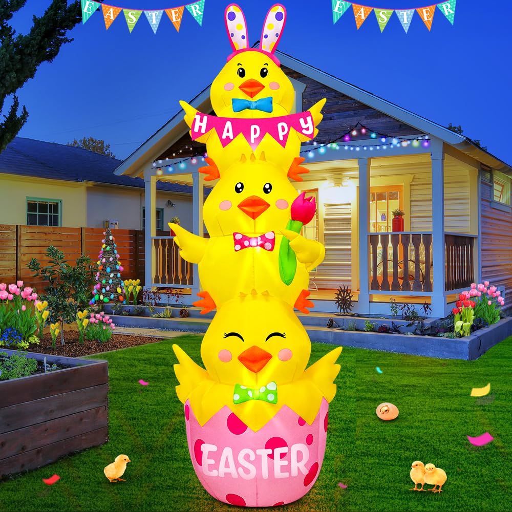 KOOY Easter inflatable three chicks with LEDs brighten outdoor space.