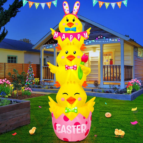 KOOY Easter inflatable three chicks with LEDs brighten outdoor space.