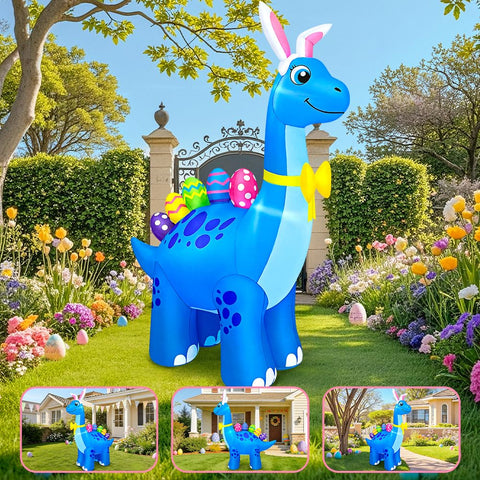 Kooy outdoor yard inflatable dinosaur enhances Easter decorating on the lawn.