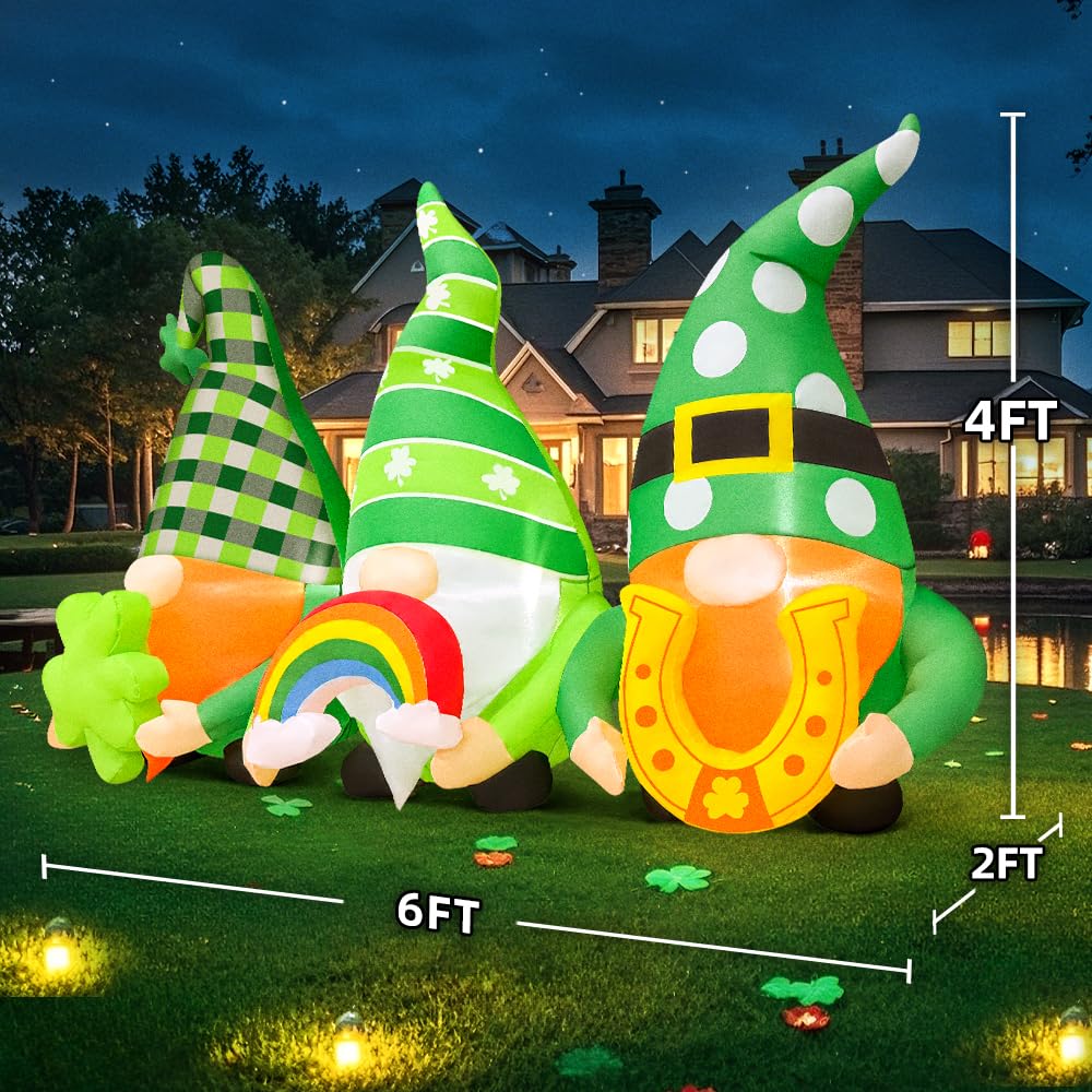 KOOY ground stakes secure the St Patrick's gnome display outdoors