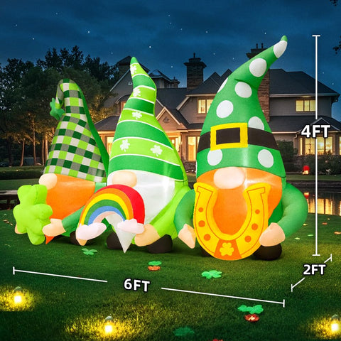 KOOY ground stakes secure the St Patrick's gnome display outdoors