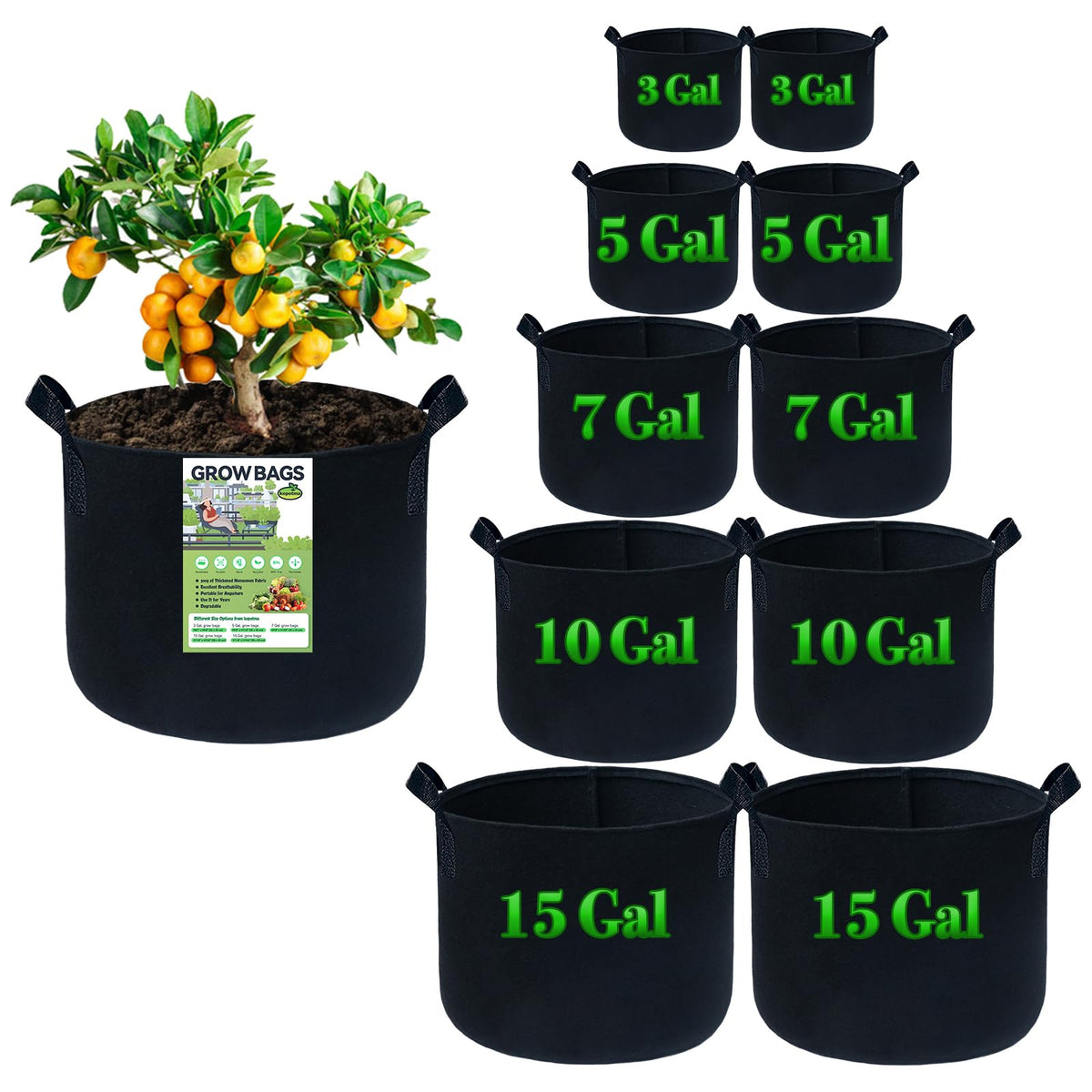 Kopotma grow bags in mixed sizes enable flexible planting spaces for vegetables.