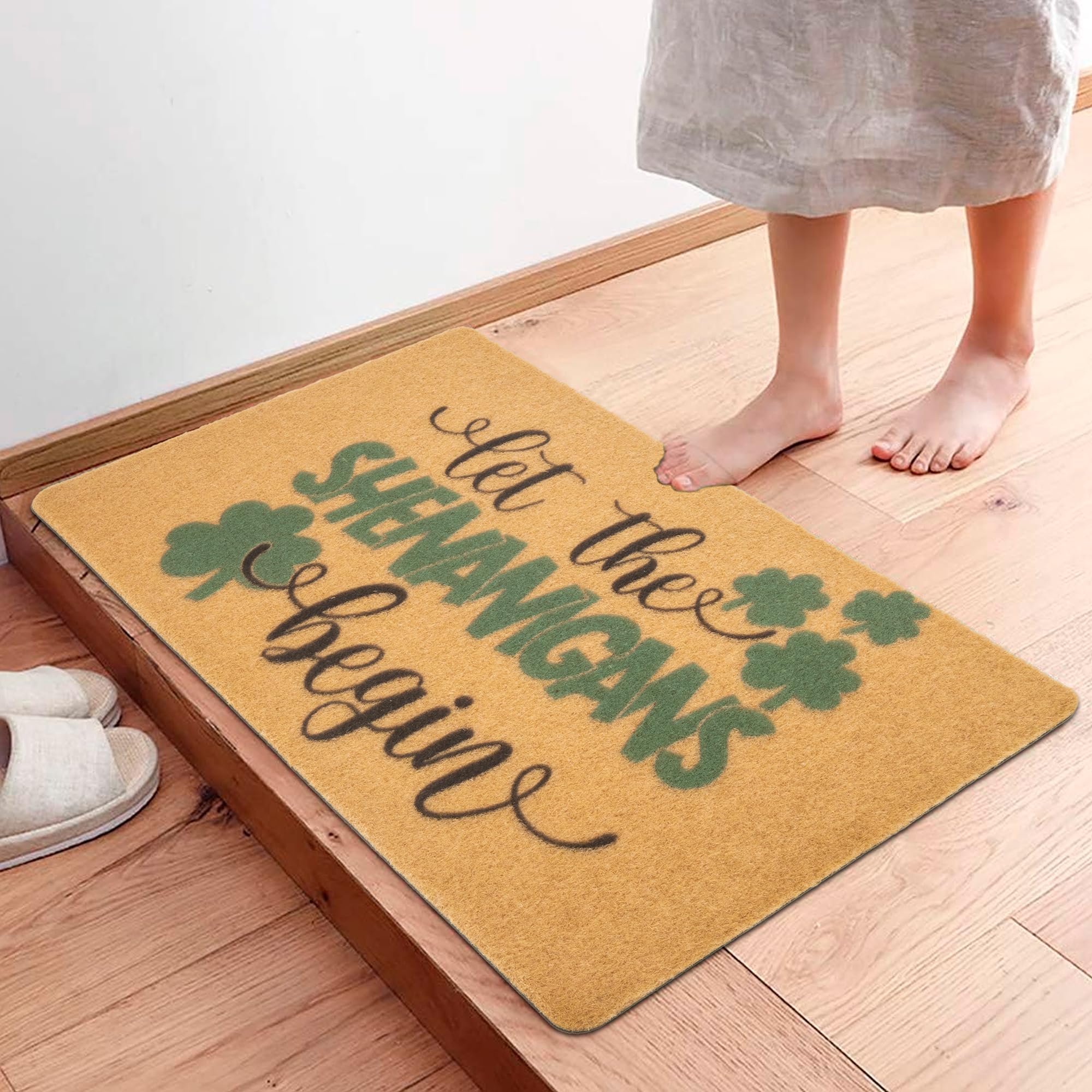 Green clovers welcome mat adds festive charm at the doorway