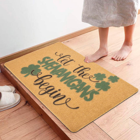 Green clovers welcome mat adds festive charm at the doorway