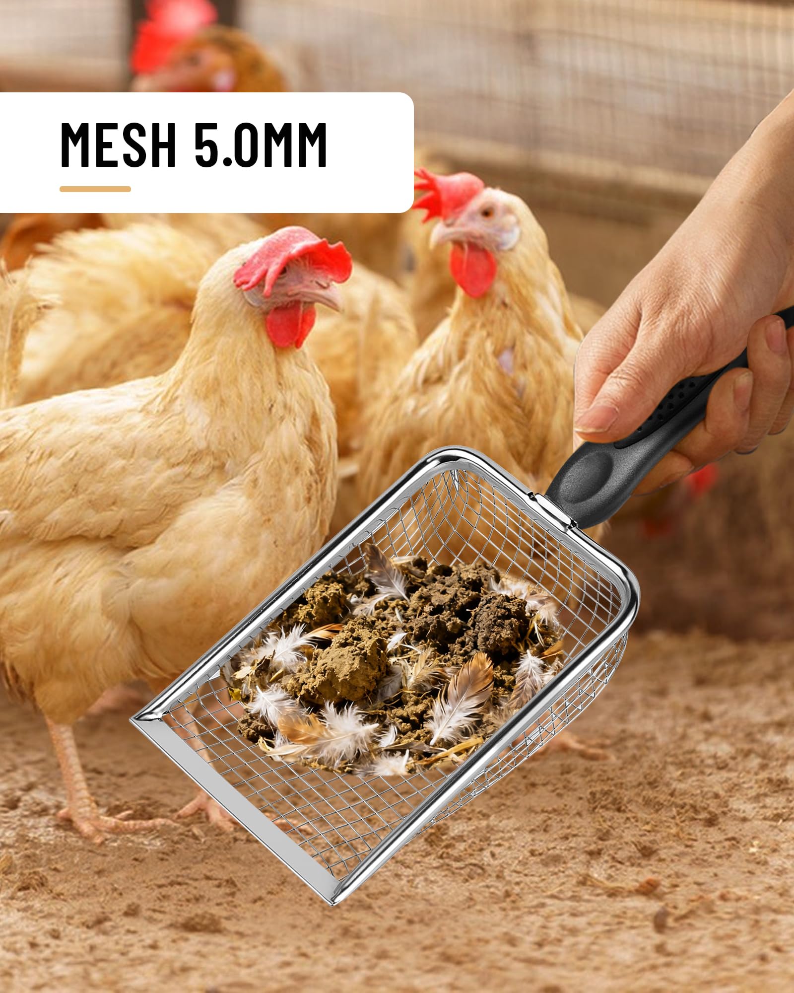 KOROI stainless steel coop scoop with ergonomic handle for grip