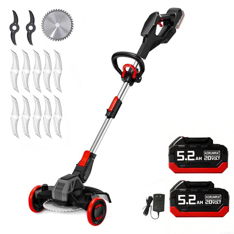 Korunria 20V weed wacker with brushless motor demonstrates power for tough weeds and uneven terrain