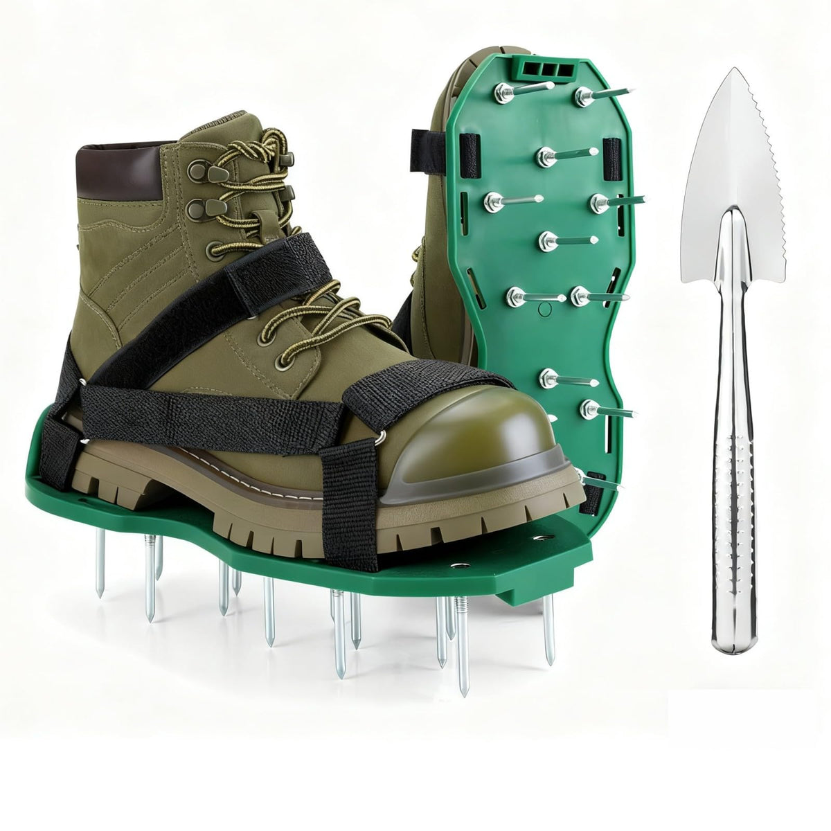 KOSIDA heavy strap aerator shoes showing nails for deeper soil penetration.