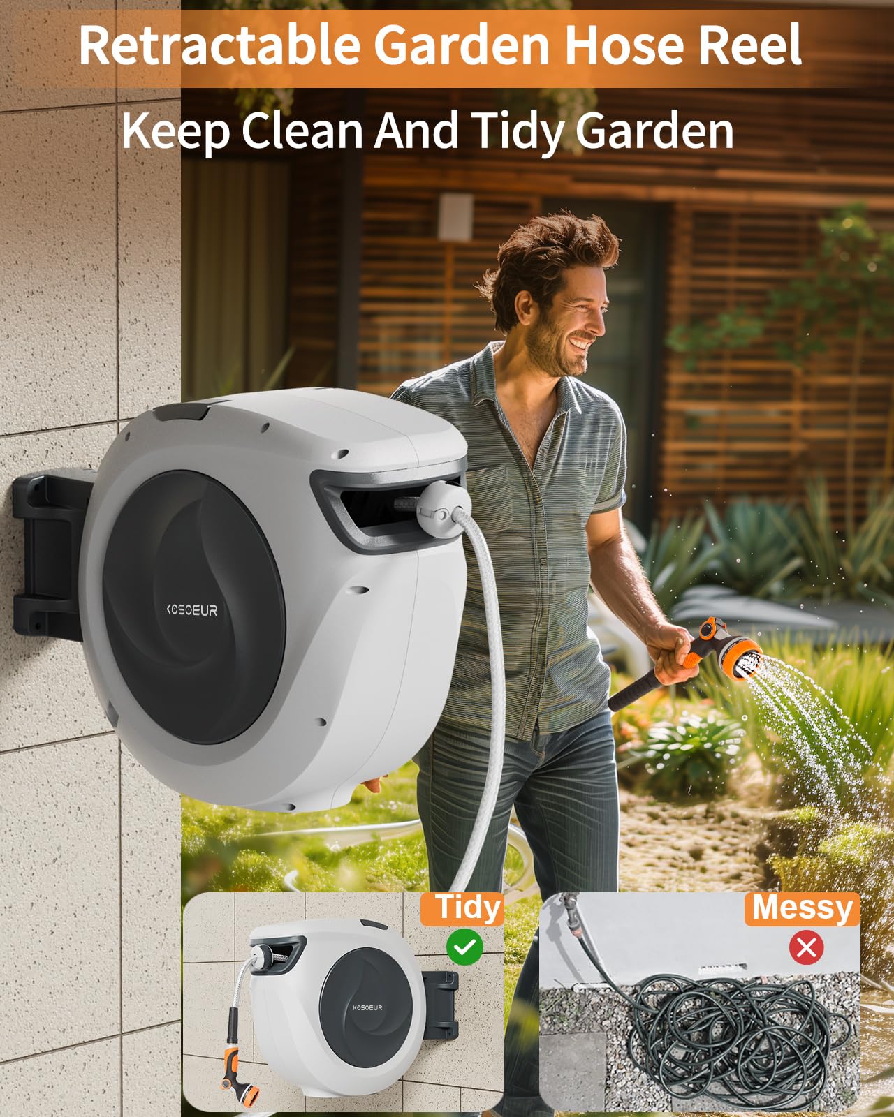 KOSOEUR hose reel shows lock-length feature for precise watering