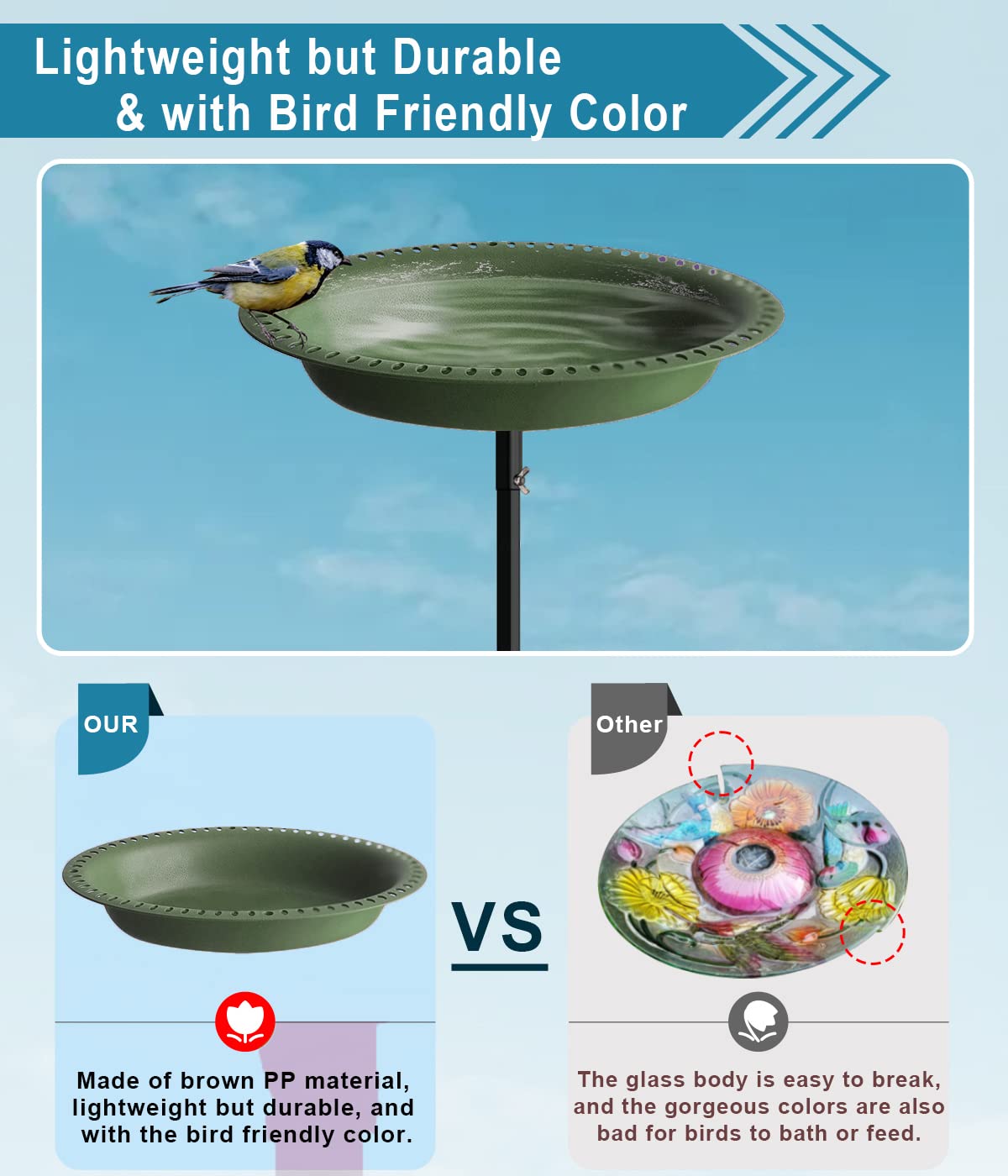 Koutemie bird bath with metal stake for outdoor stability.