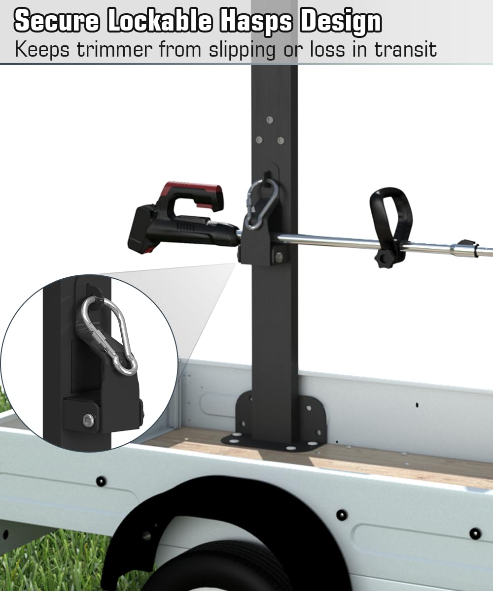Koutemie heavy-duty steel rack with black finish supports rugged lawn tools.