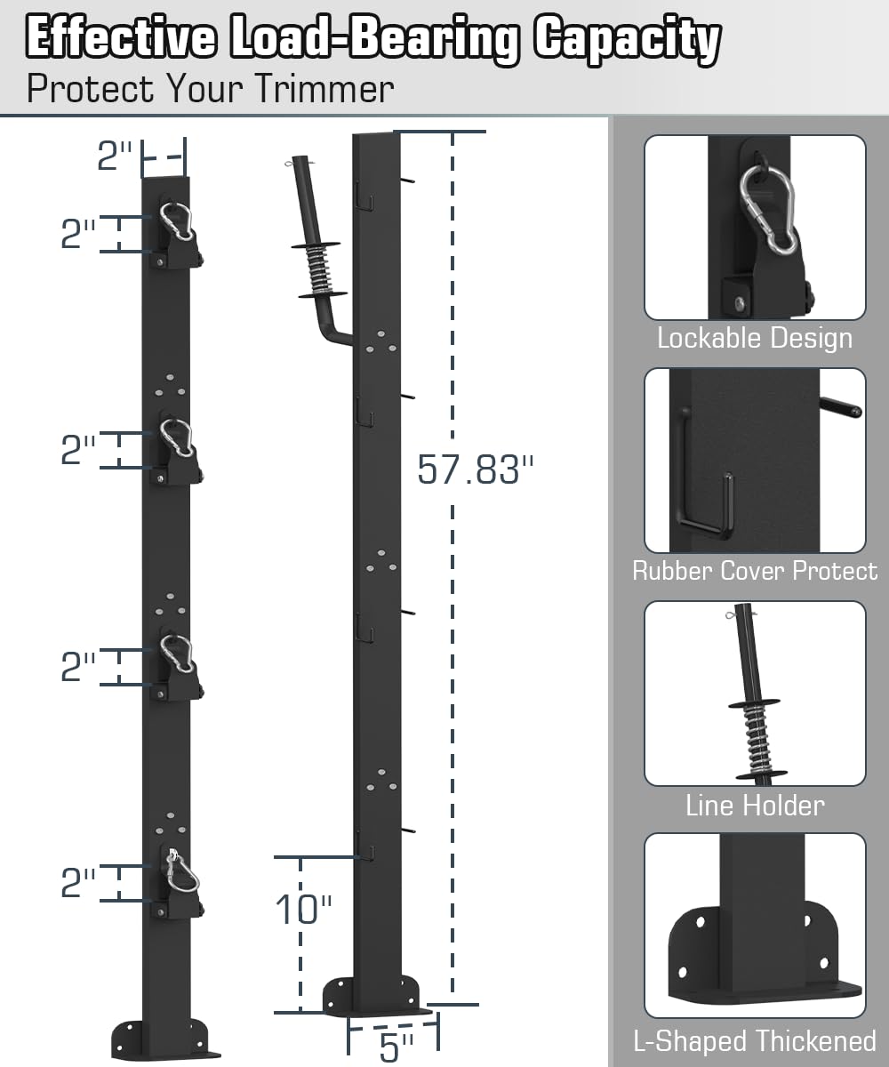 Koutemie lockable-hasp trimmer rack secures equipment during transit and prevents slips.