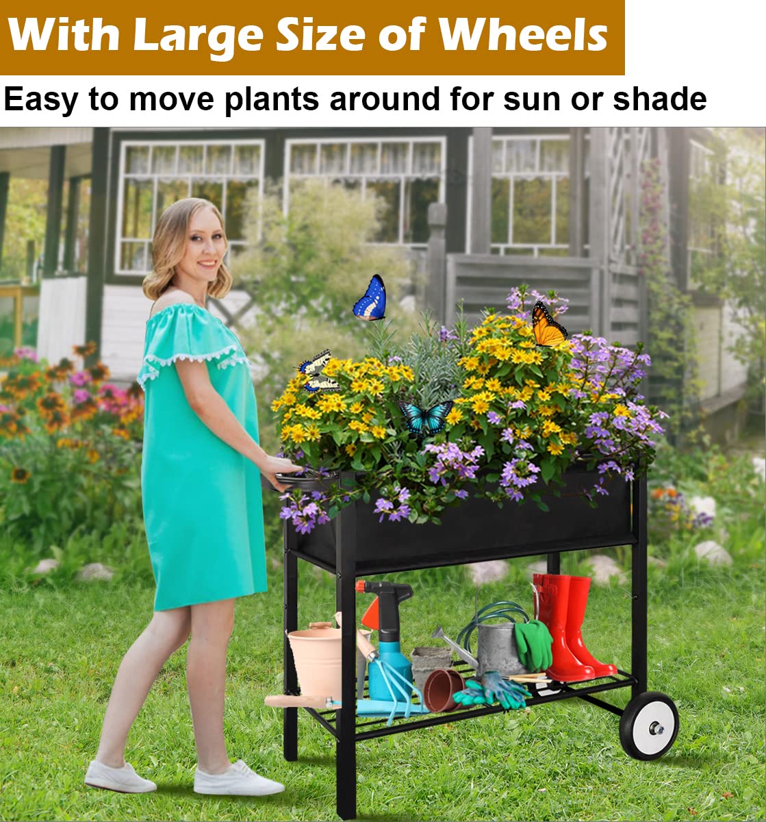 Koutemie raised planter bed with legs for stable elevated gardening in a small space.