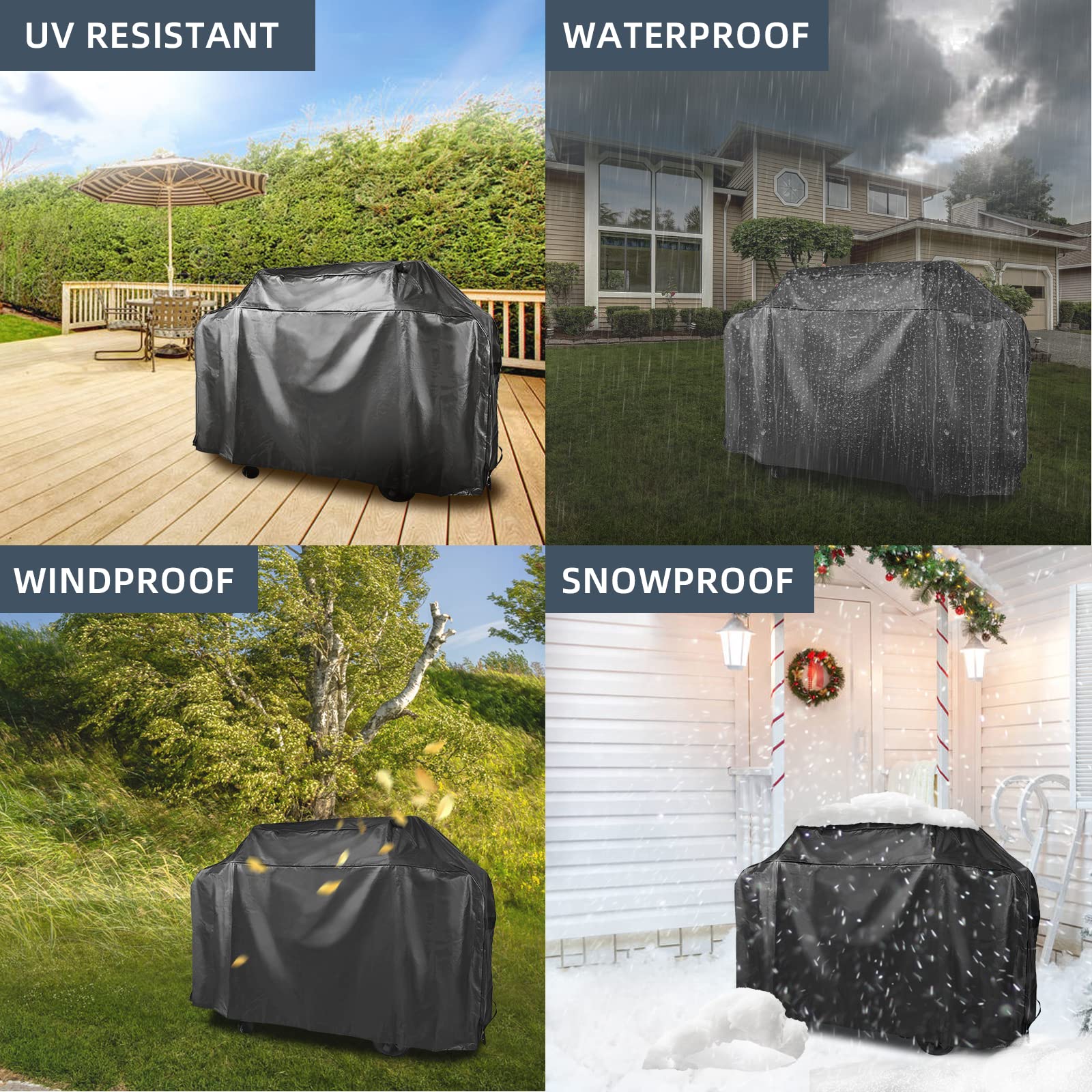 KPT black all-weather grill cover protecting a 60-68 inch grill year-round.