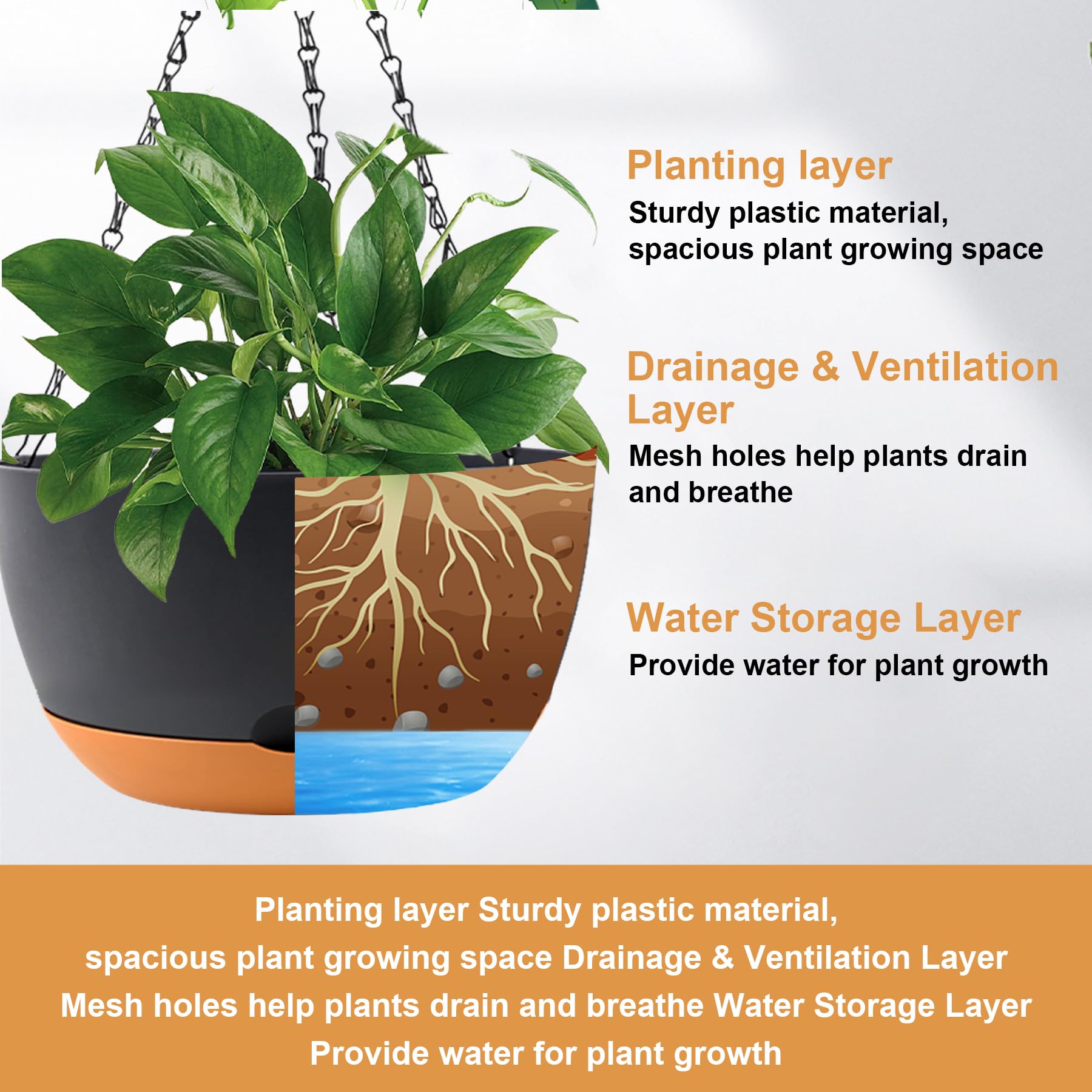 KPUVX 10-inch hanging pot removable saucer for easy maintenance and cleaning.