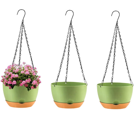 KPUVX 10-inch self-watering hanging planter with removable saucer for convenient plant care.