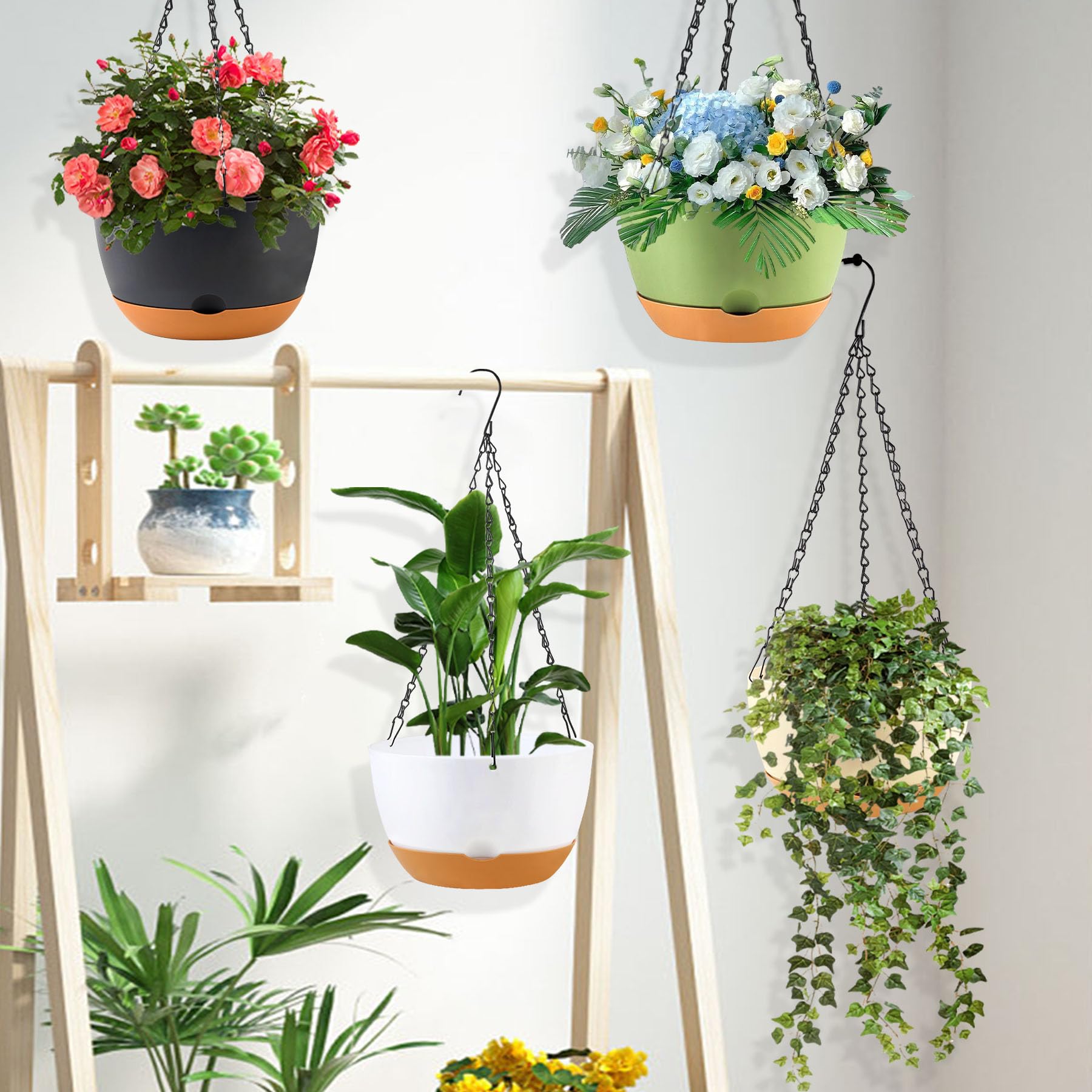 KPUVX three-pack planters with iron chains for easy hanging placement.