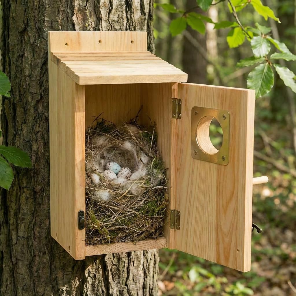 KraAra bird house front-opening-door enables easy cleaning.