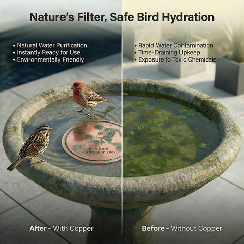 KraAra copper insert reduces buildup for a fresher-looking birdbath.