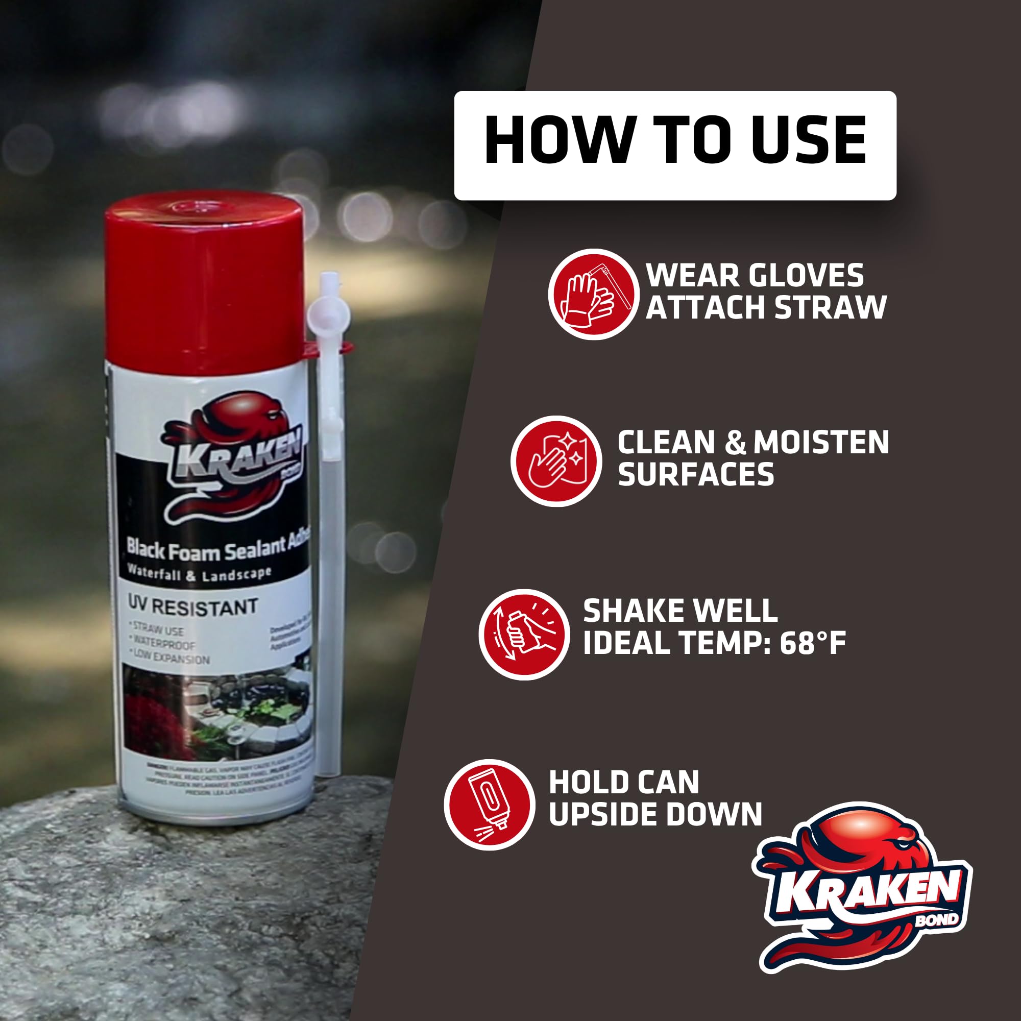 Kraken Bond black foam exterior sealant for outdoor durability.