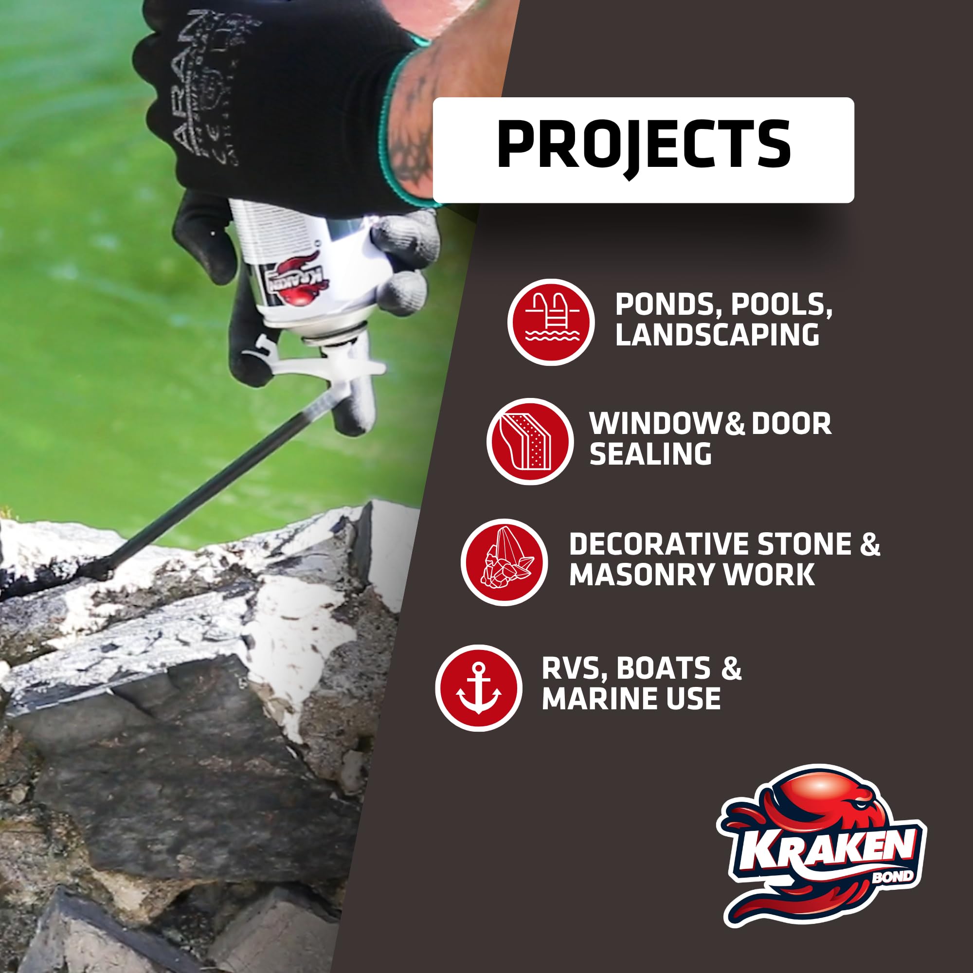 Kraken Bond black foam at pond edge application for durable waterproof sealing.