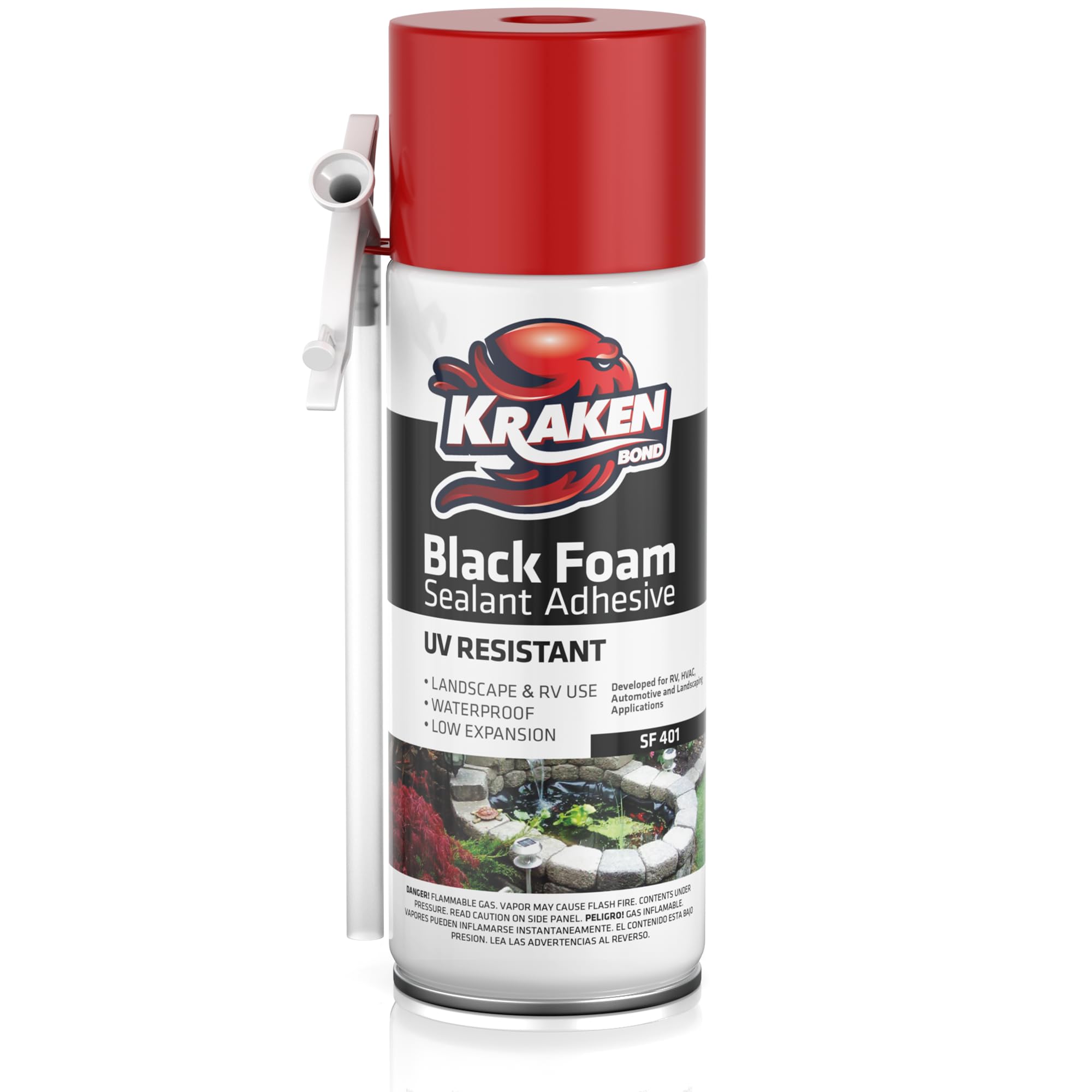 Kraken Bond black foam spray bottle for discreet landscape sealing.
