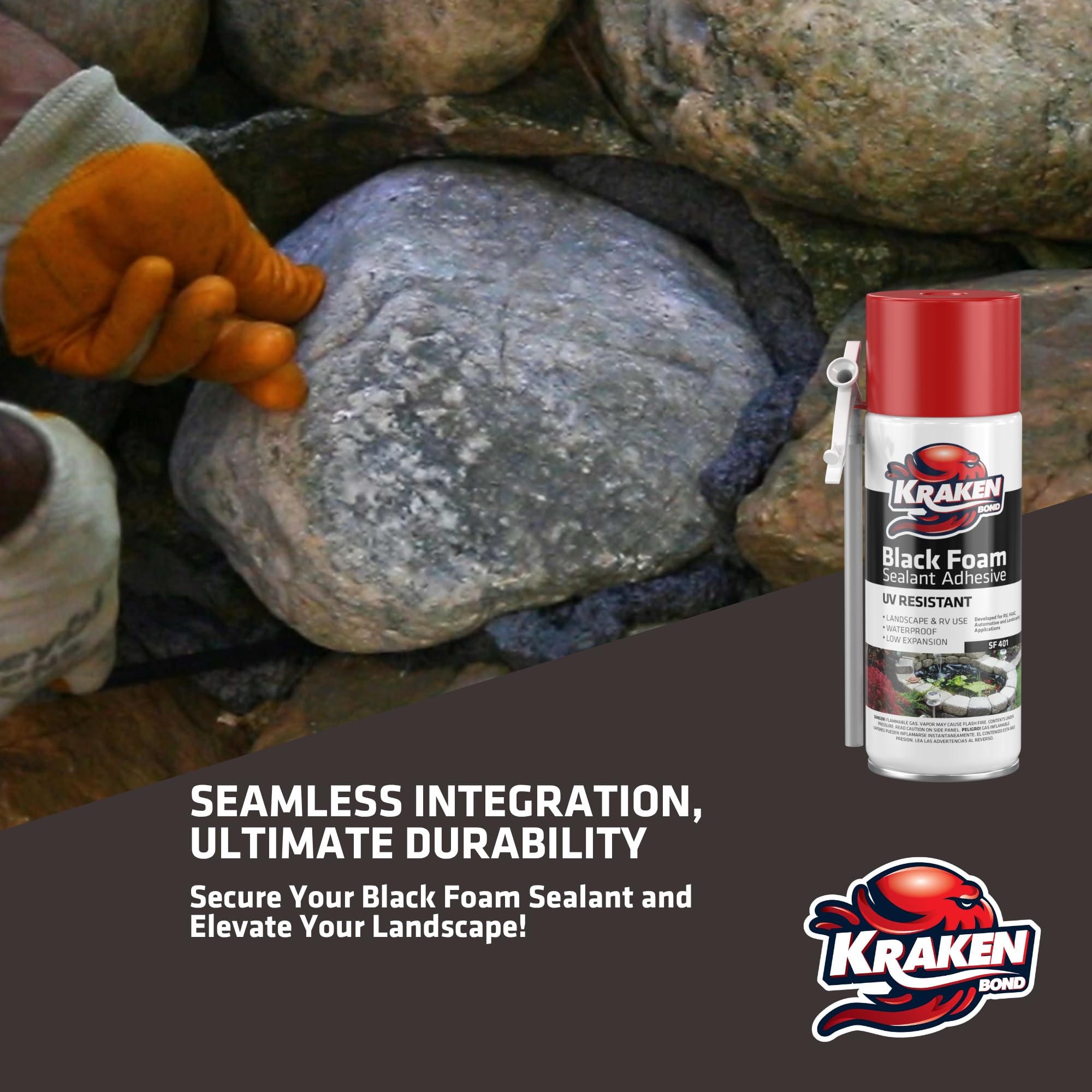 Kraken Bond black foam offers UV resistance and durability for exterior use.